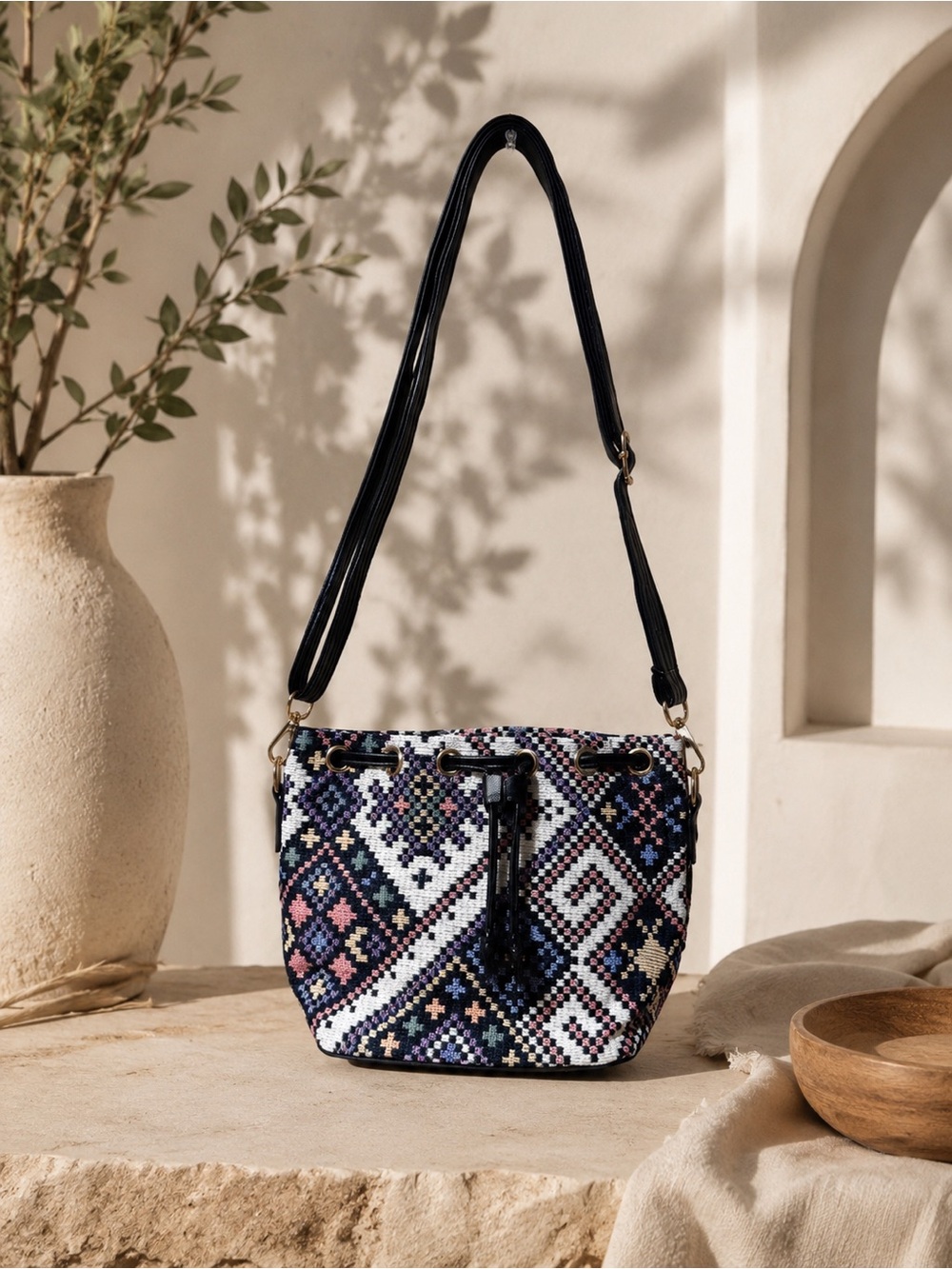 Embroidered Mosaic Crossbody Bag in Black & Multicolor